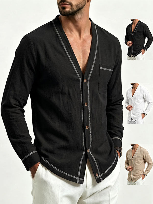 Men's Spring Autumn Lin T Shirt Men S Shirt European Size V Neck Blazer Long Sleeve Fash