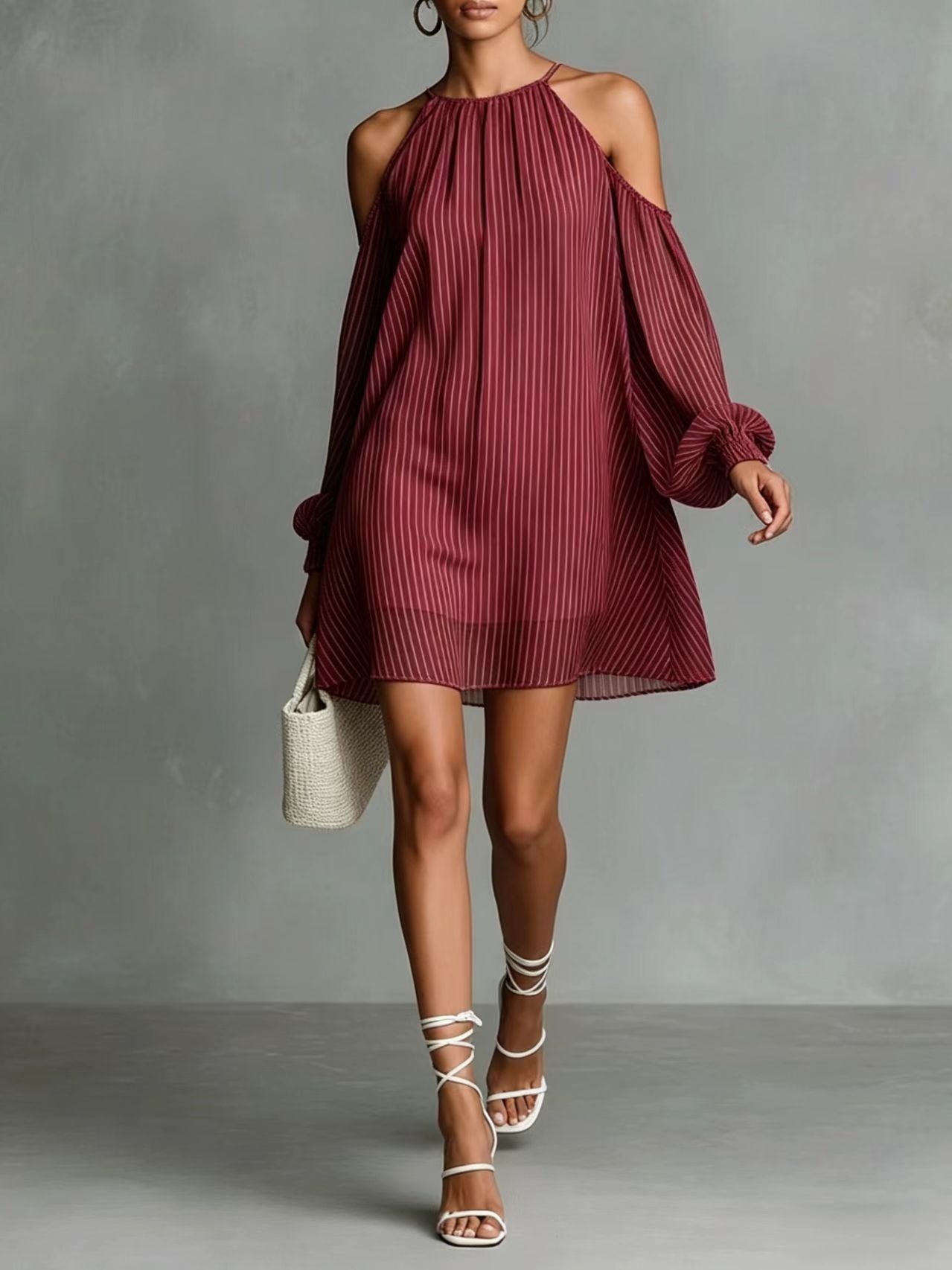 Robe courte à manches longues rayée pour femmes