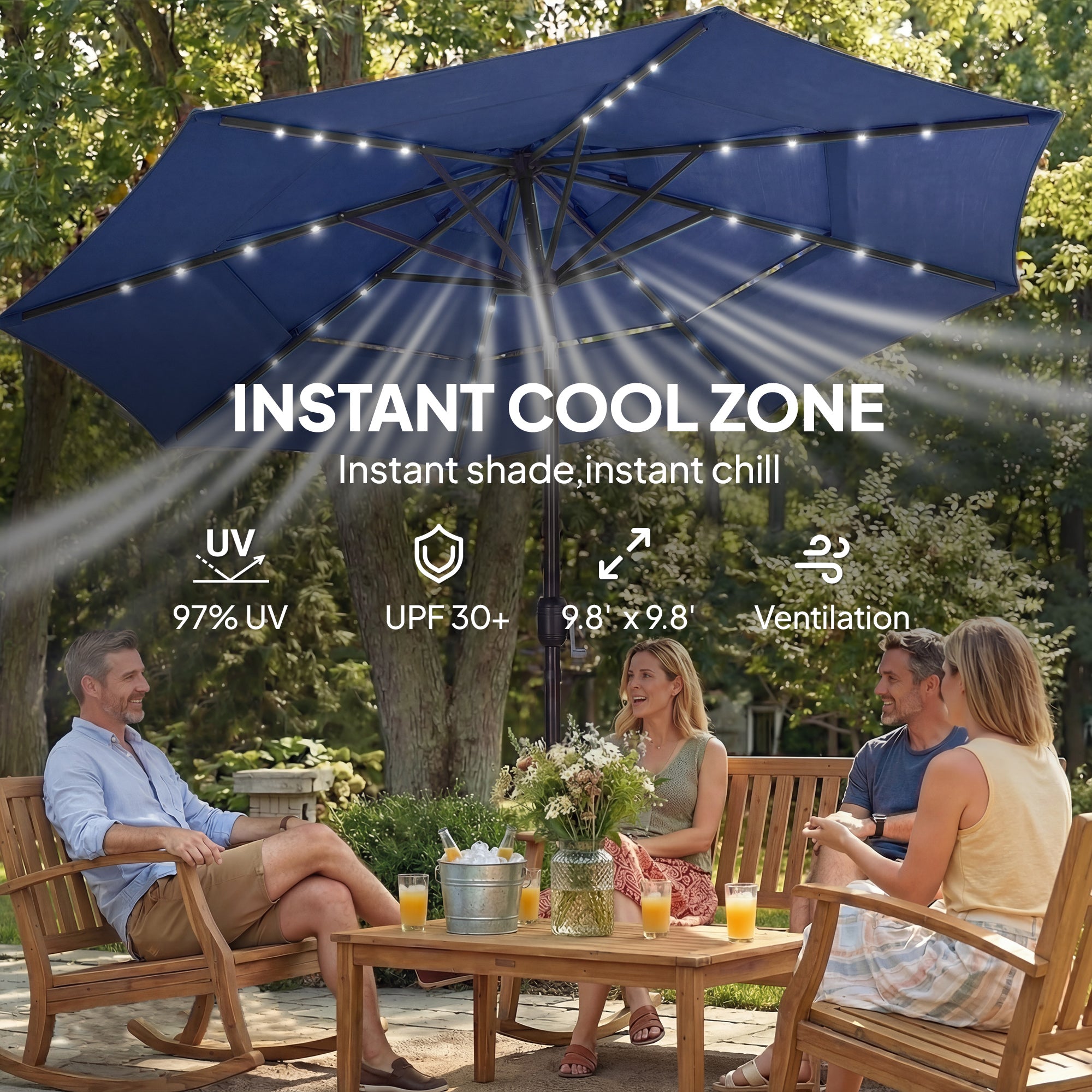 Parapluie extérieur Patio de 9,7 pieds avec lumières solaires LED