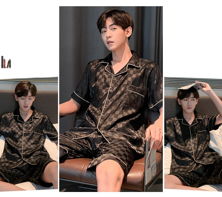 Pyjama pour homme Ice Ice Silk Thin Short Sleeve Plus Taille Loose Real Silk Jacquard Youth H