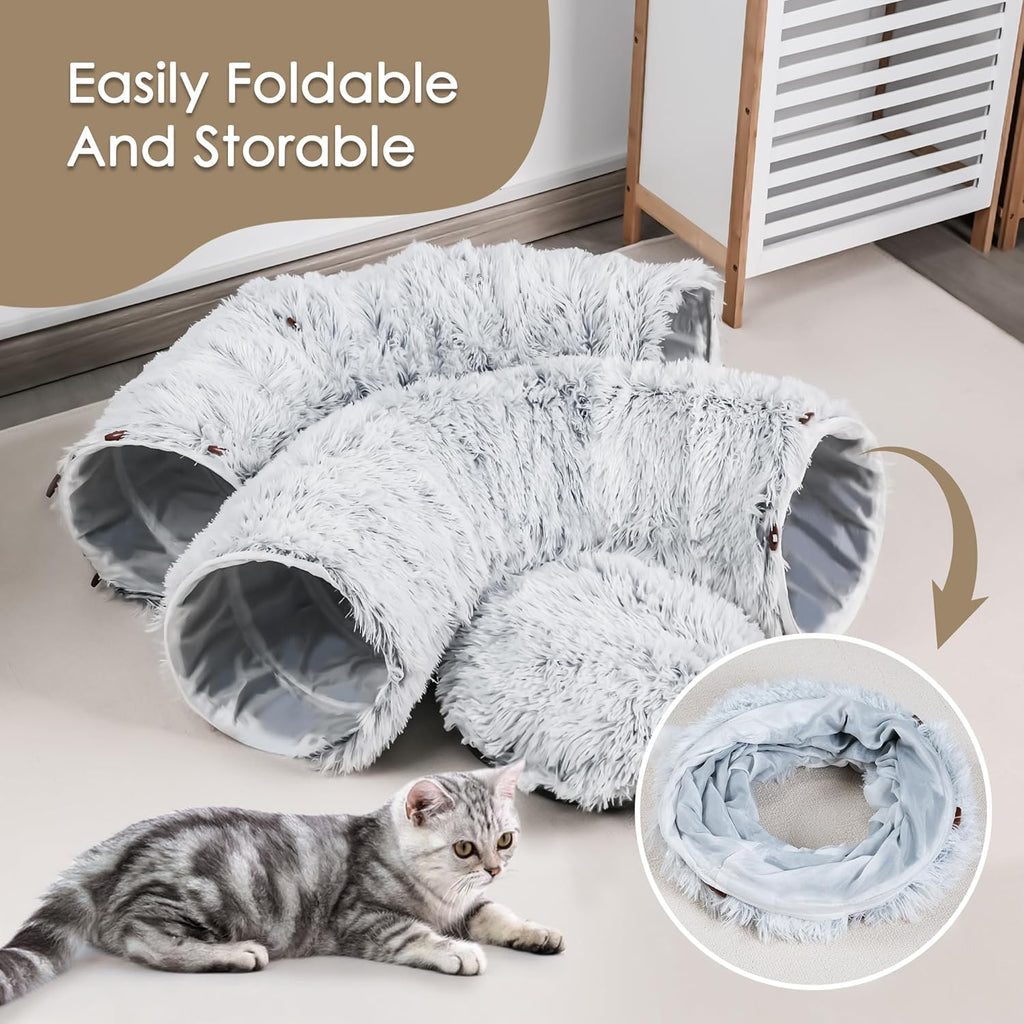 Lit Tunnel Cat pour Chats Intérieurs Peekaboo Cat Cave avec Lavable Soft Play Mat Furry Cat Tub