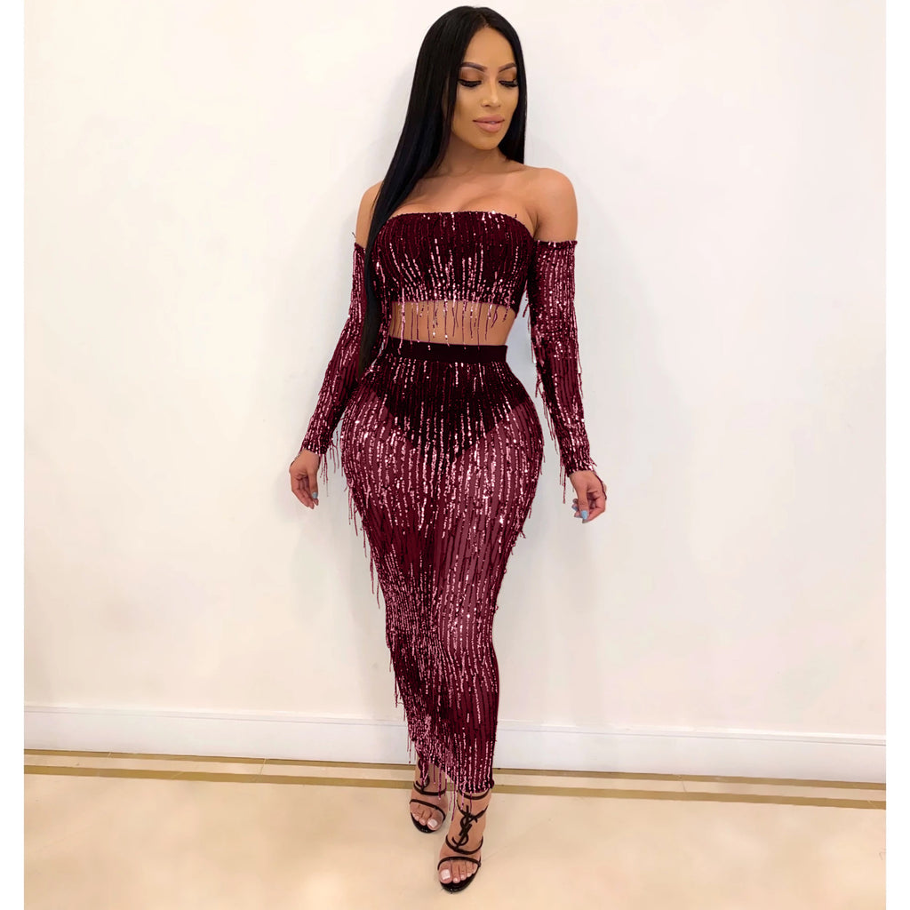 Mode Sexy See-through Mesh Sequins Tassel Ensemble deux pièces