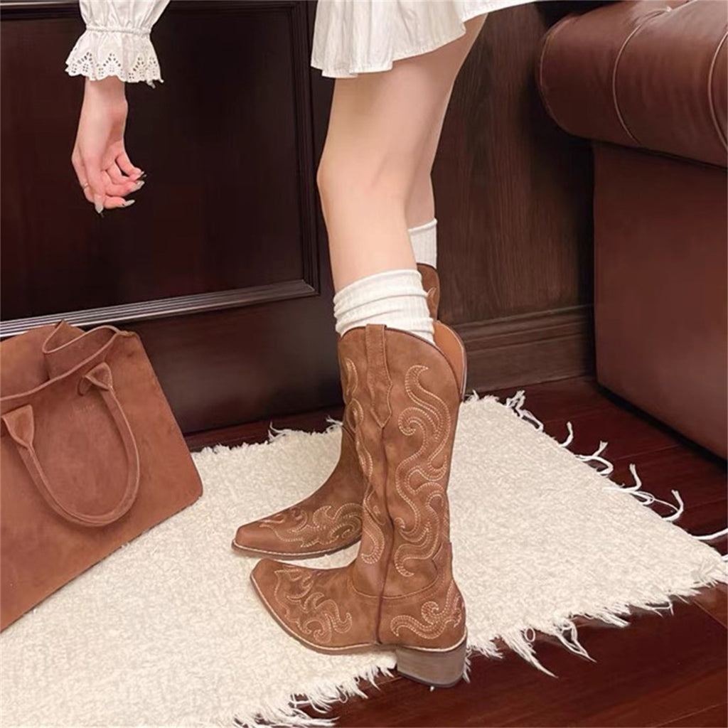 Femmes Brodé V-Neck Bottes de Cowboy Western