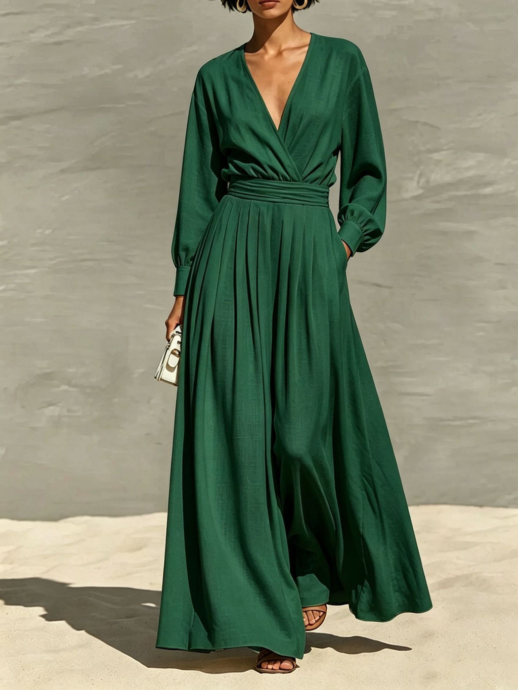 Robe de saut en V coiffée couleur solide pour femmes