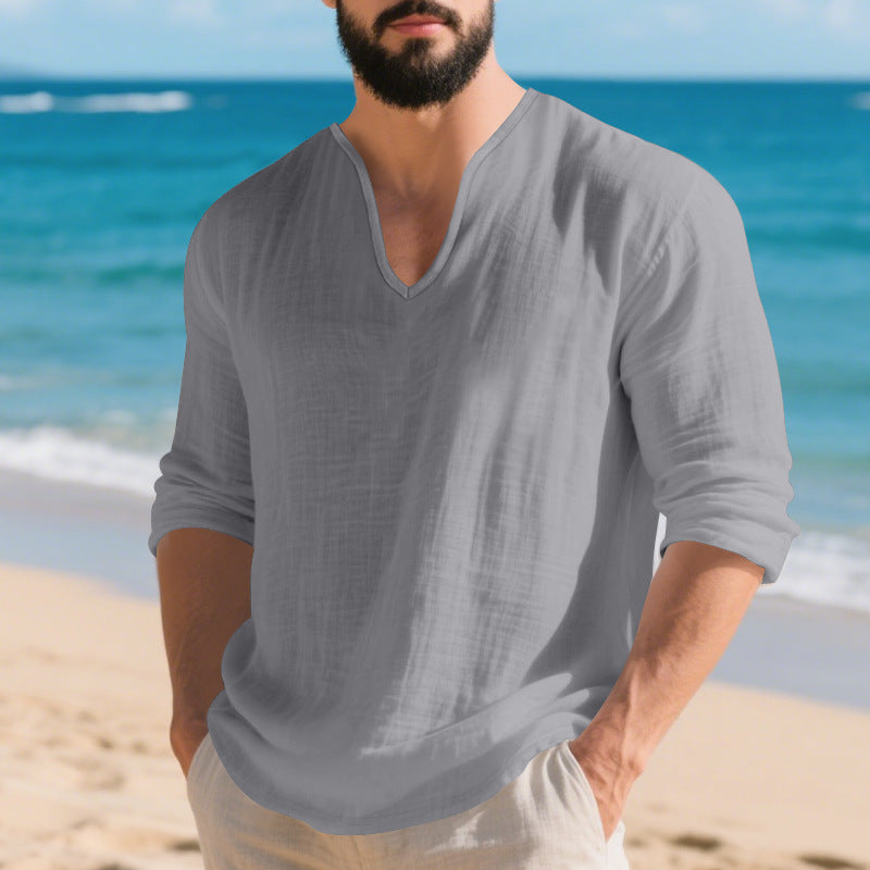 Chemise en V à manches longues en lin casual pour hommes