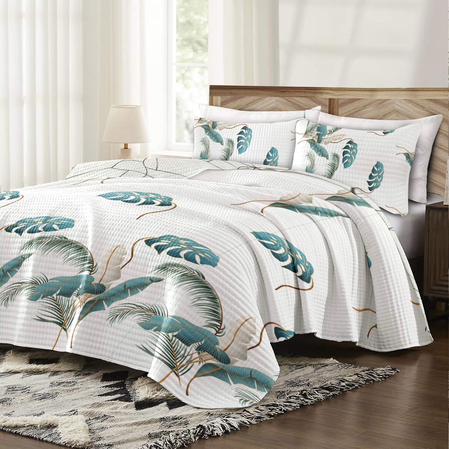 Ensemble de matelas à feuilles de palmier tropical de 9 pièces avec 6 rideaux indépendants
