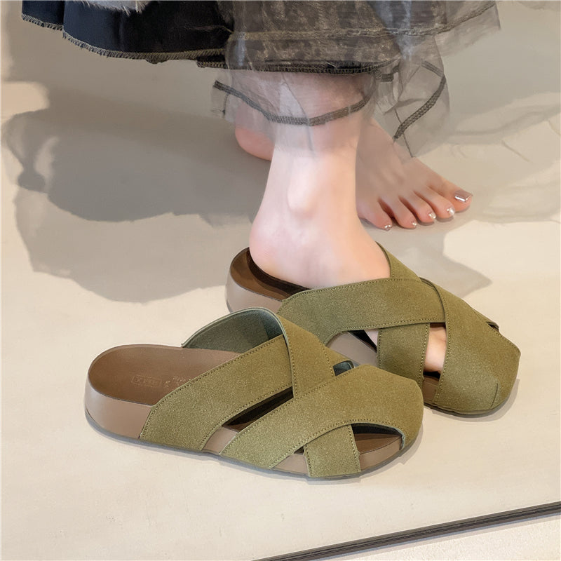 Platform Woven Closed Toe Mules Women Summer Outdoor Wear Hollow Breathable Slip on Slide