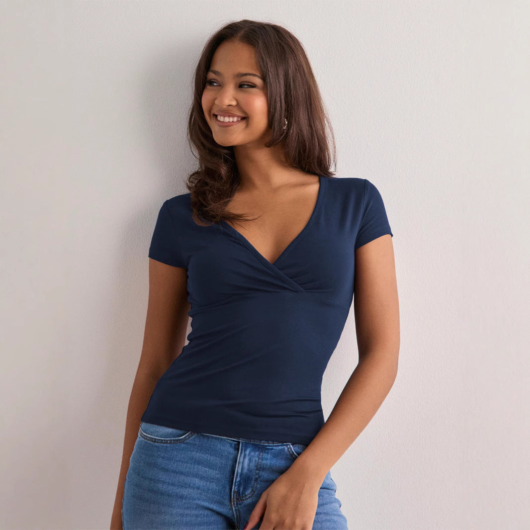 Style européen et américain Deep V-Neck Solid Color Waist-Cinching Slim-Fit Elegant Fashio