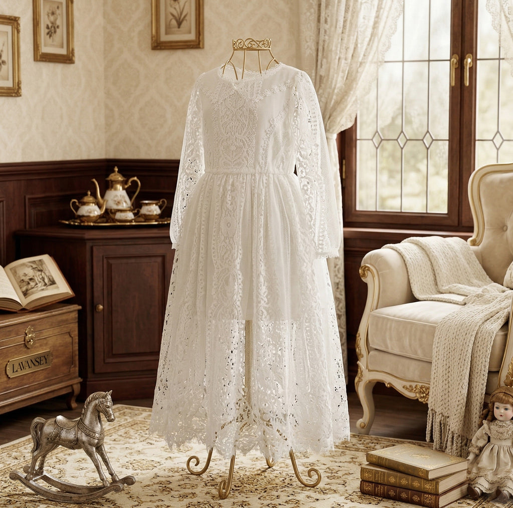 Robe de fée en dentelle blanche vintage pour les filles extra longue jupe 2-4Y