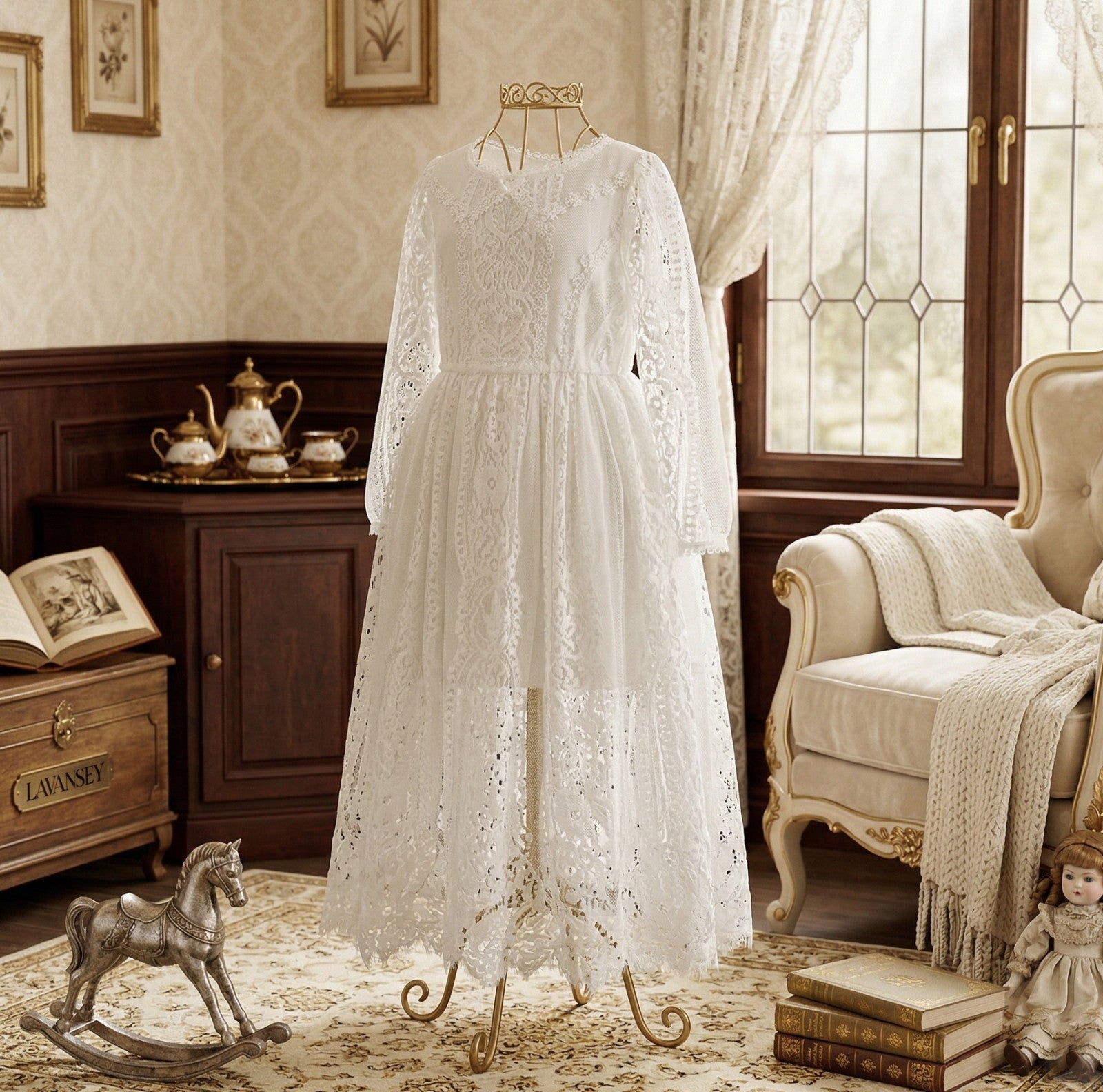 Robe de fée en dentelle blanche vintage pour les filles extra longue jupe 2-4Y