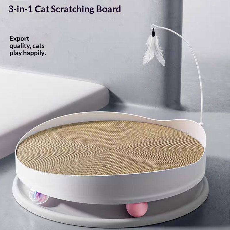 3-en-1 Cat Scratcher avec téter de plumes Bell Ball et carton ondulé