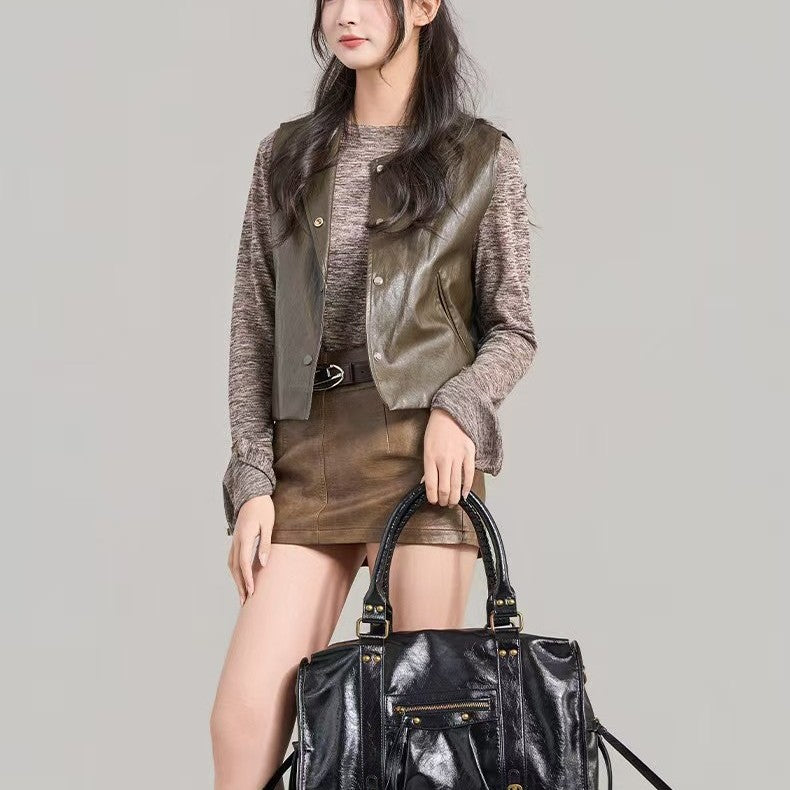 Millennial-style Fringed Tote Grande-capacité Vintage Studded bandoulière sac