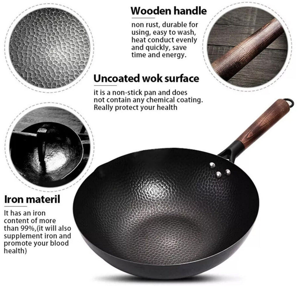 32CM Ménage en fer pur Wok en fonte non enduit pour cuisinières à induction de gaz