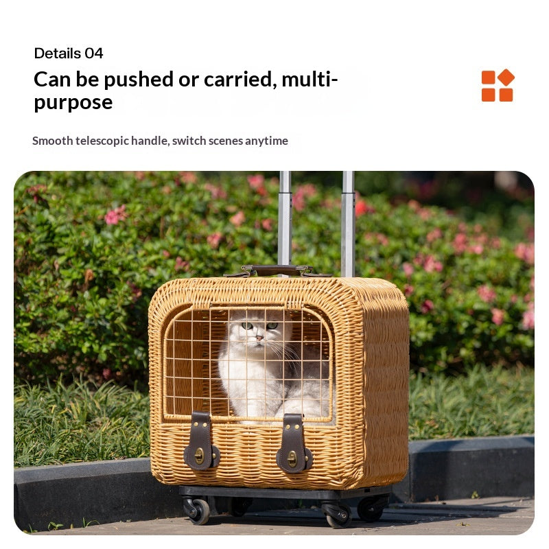 Portable porte-chat en rotin avec ventilation et poignée de traction pour les sorties