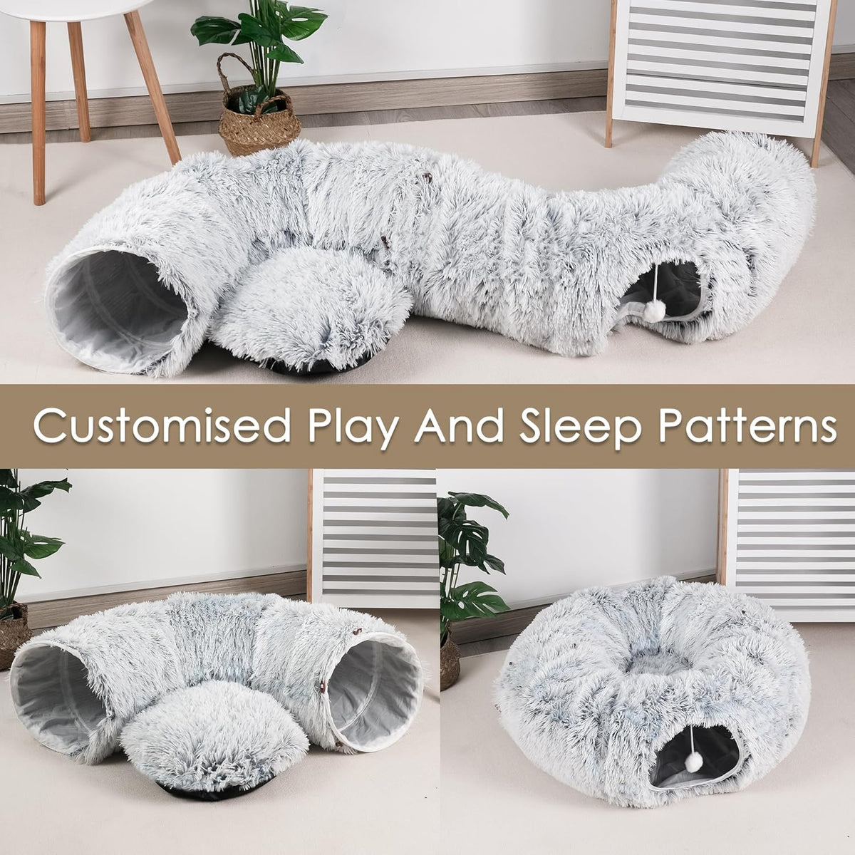 Lit Tunnel Cat pour Chats Intérieurs Peekaboo Cat Cave avec Lavable Soft Play Mat Furry Cat Tub