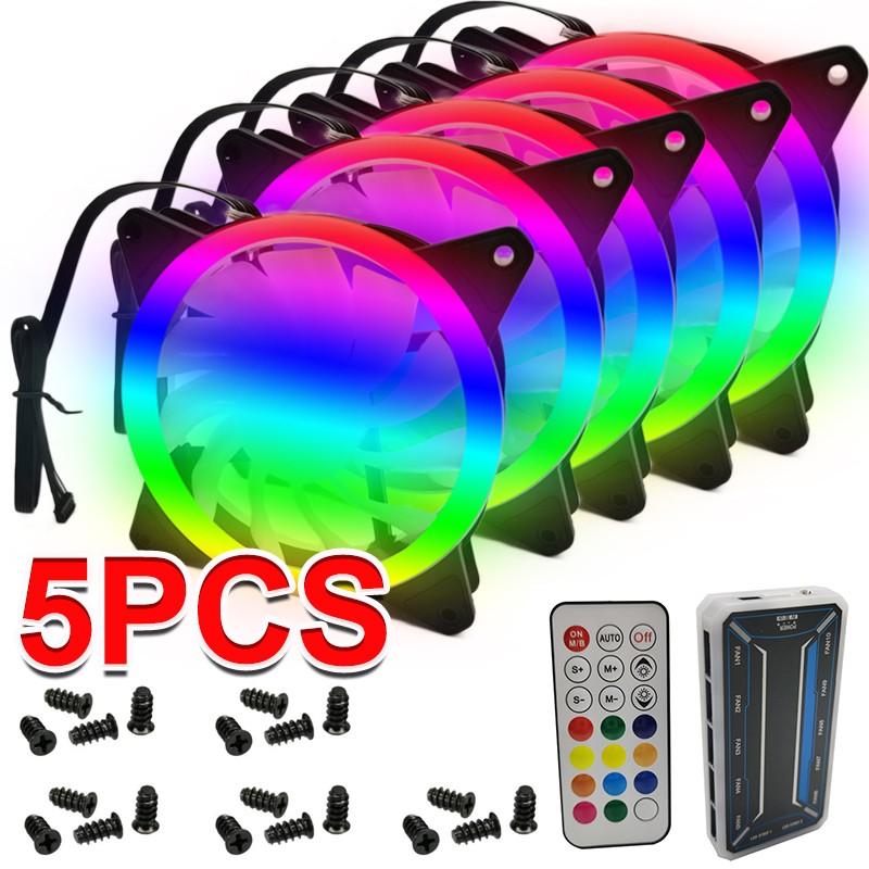 5pcs Desktop RGB Fans PC 120mm LED Cooling Fans With Remote And Controller New