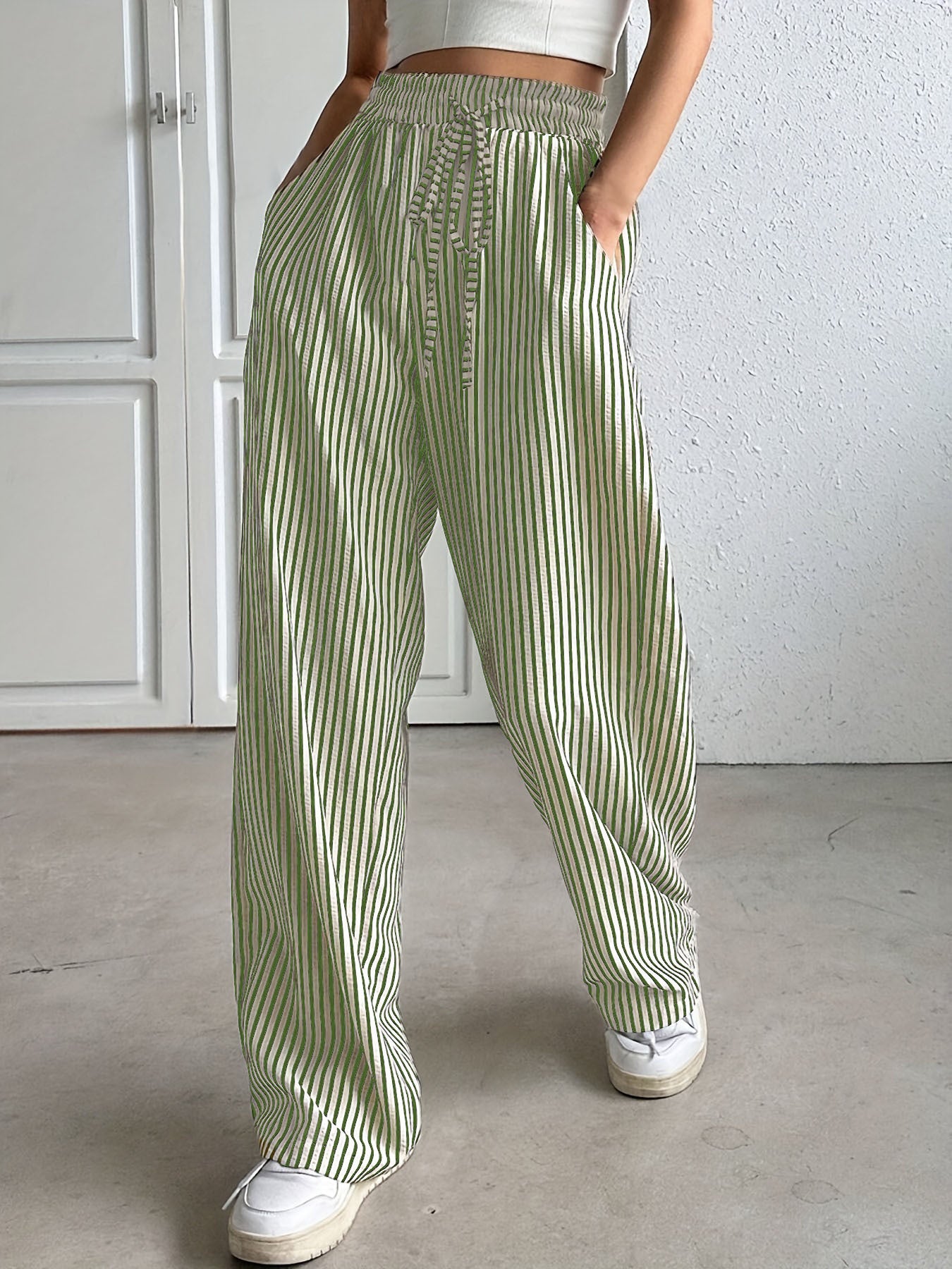 Femmes Haute taille rayée large pantalons de jambe élastique cordon de serrage libre ajustement Casual droit long