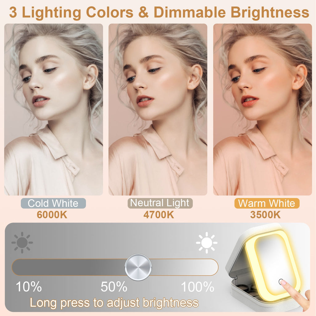1Pc Portable Sac de maquillage de voyage avec miroir LED Rechargeable miroir de beauté avec 3 couleurs