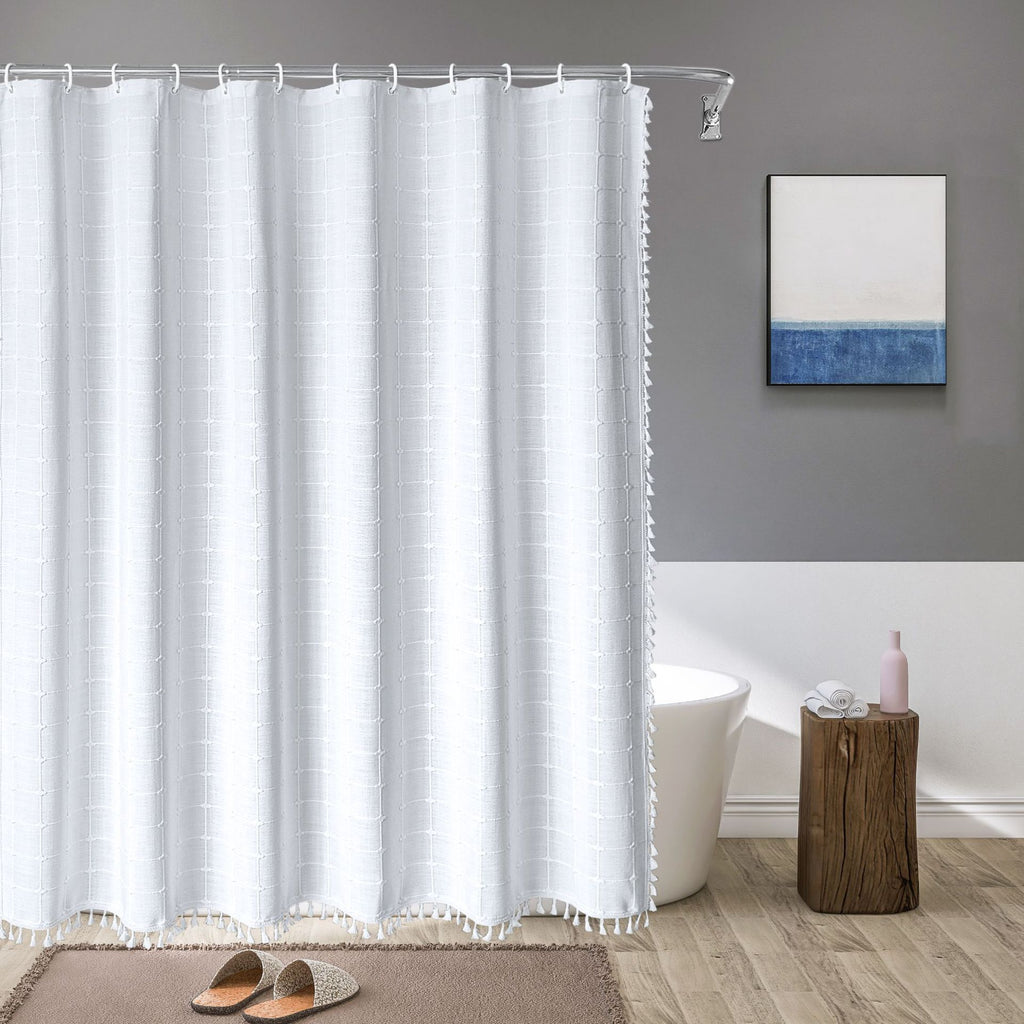 Tencel-linen Checkered Tassel Salle de bain Checkered Partition Rideau de douche imperméable Curta