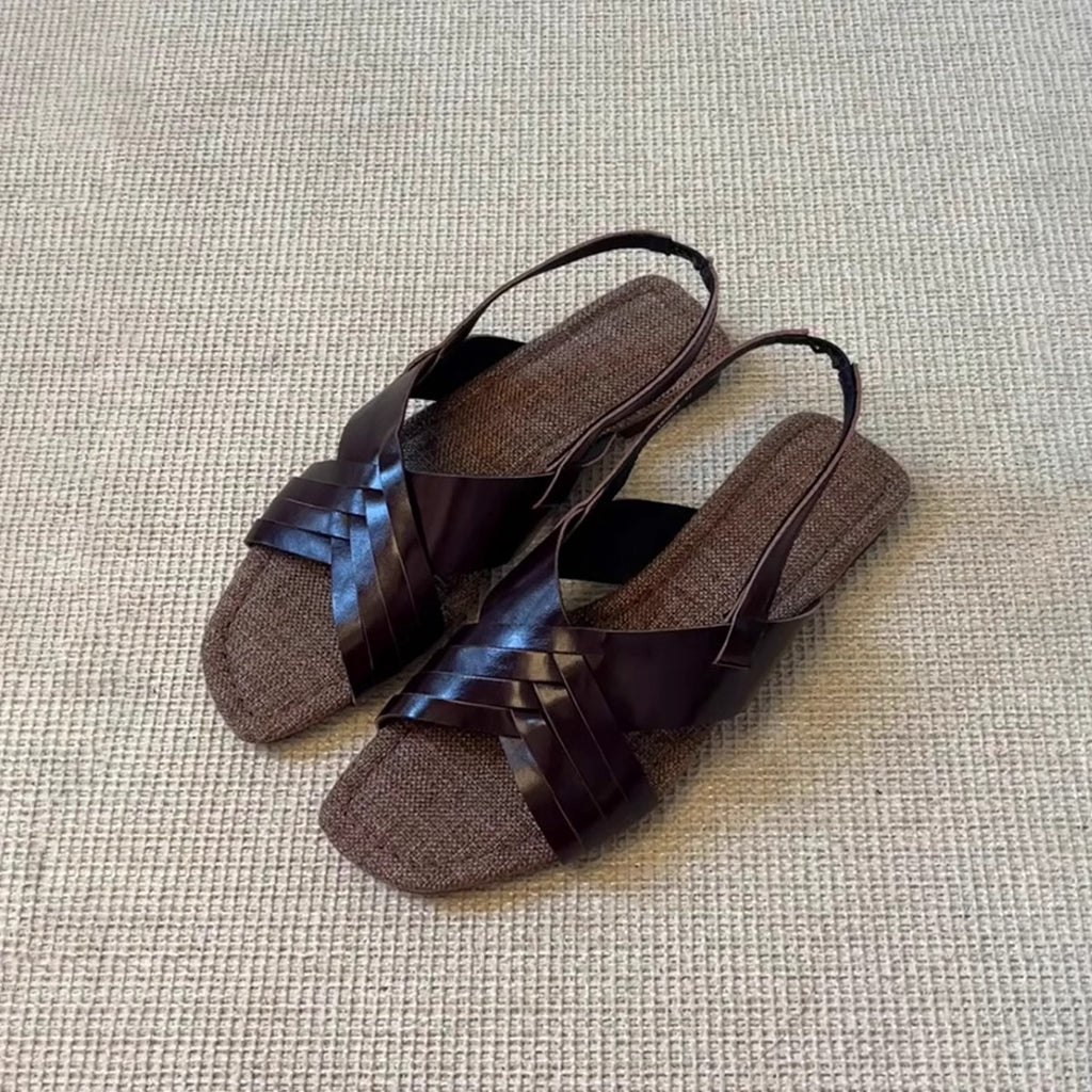 Femmes Retro Woven Cross Strap Plat ouvert Toe Sandales Casual