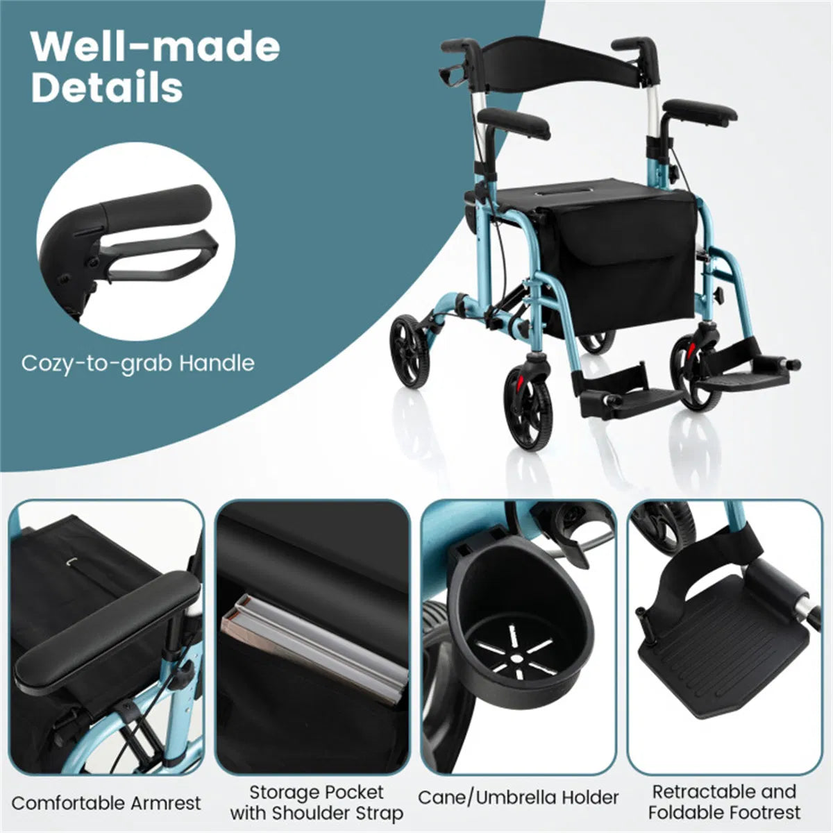 2-en-1 Walker roulant et fauteuil roulant (300lbs): poignées réglables à 6 niveaux