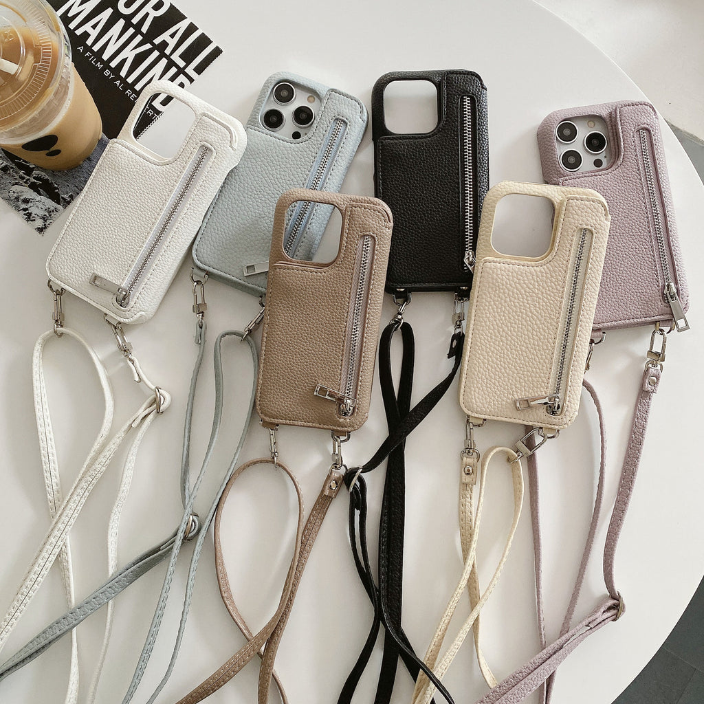Cas téléphonique Lychee Pattern Insertion de carte Miroir de beauté Crossbody
