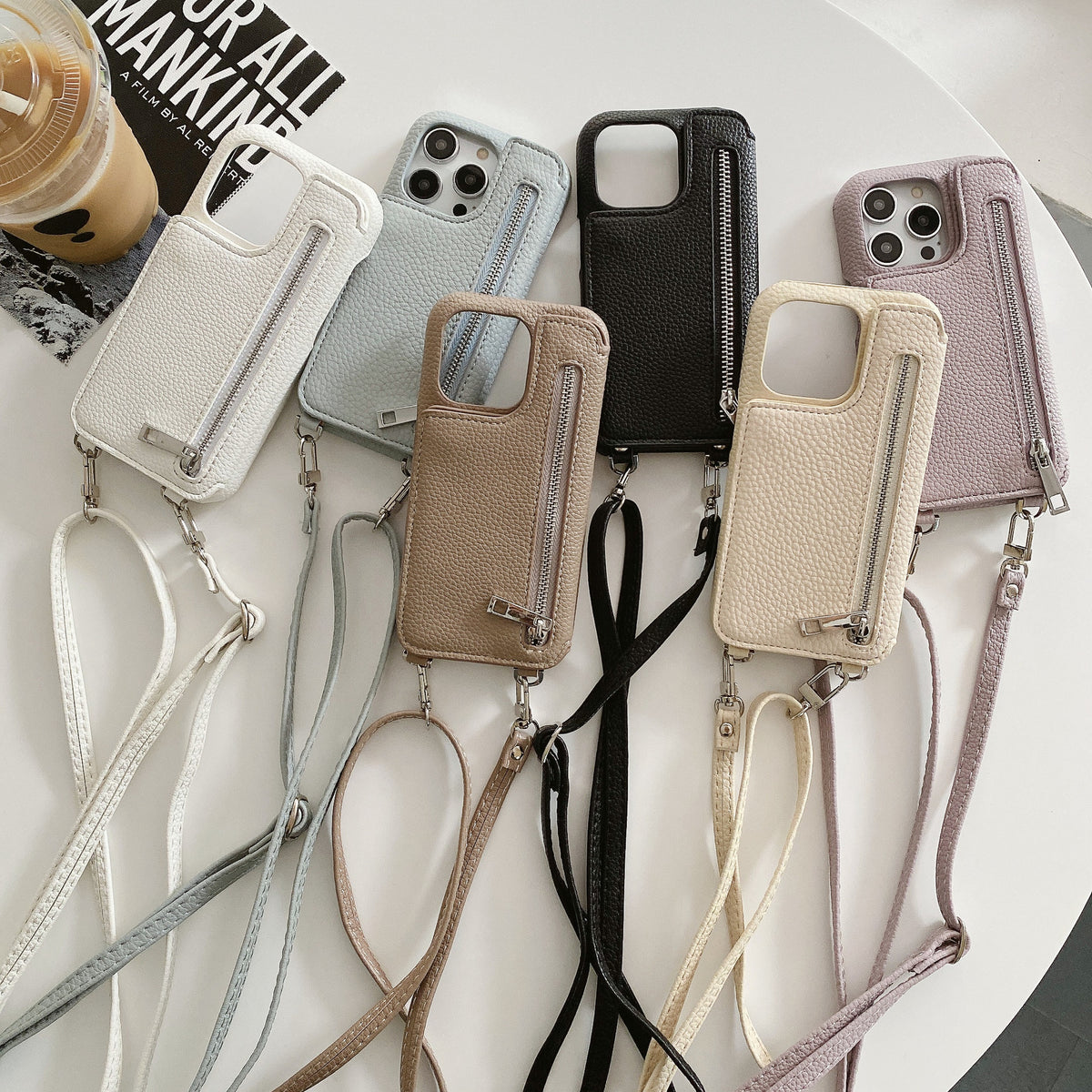 Cas téléphonique Lychee Pattern Insertion de carte Miroir de beauté Crossbody