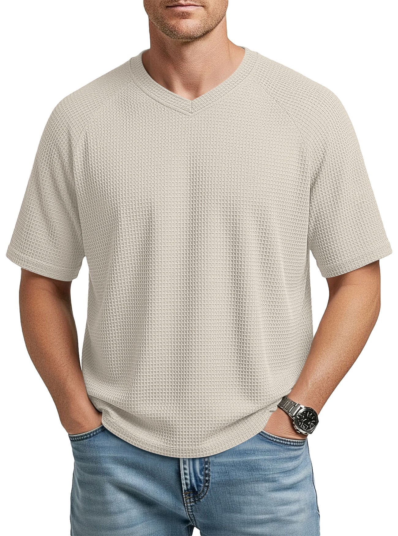 T-Shirt en tricot à manches courtes Raglan col V pour hommes