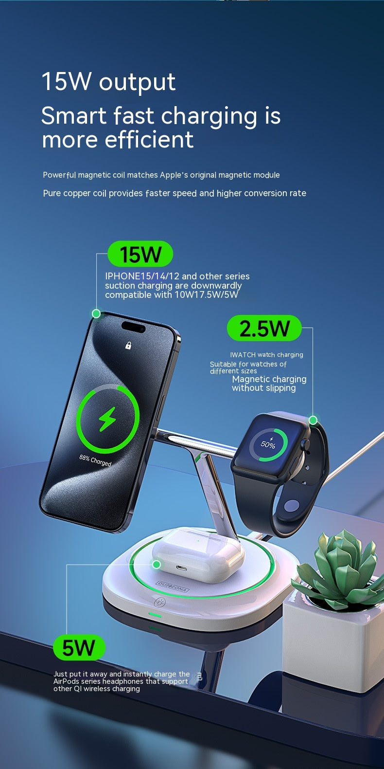 Téléphone portable Chargeur sans fil à aspiration magnétique 3-en-un 15W MagSafe Earphone Watch Des