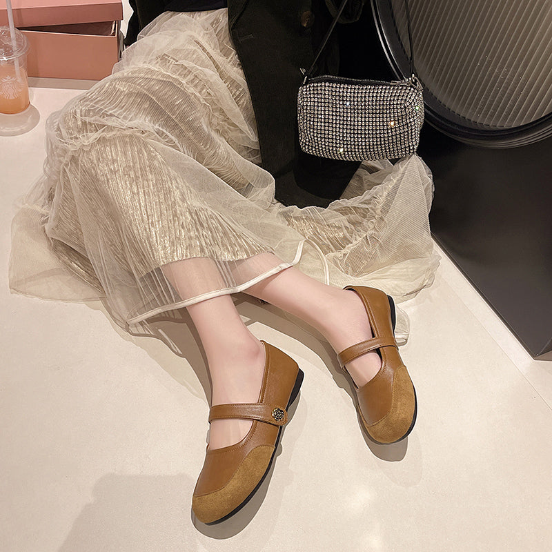 Mocassins d'orteils ronds Femmes Printemps Français Vintage Shallow Bouche Pompes Une Strap Buckle Mary Ja