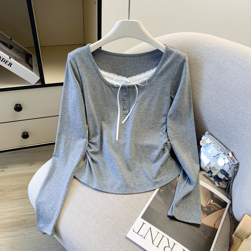 Dentelle Faux T-shirt à manches longues à col carré deux pièces