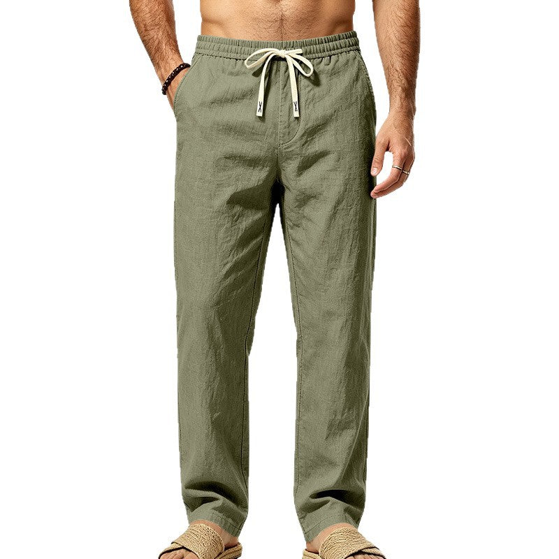 Mens Jambe droite Couleur solide Pantalon en lin casual avec cordon drawstring et élastique