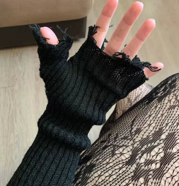 1paire Black Tattered Punk Unisex Gants sans doigts Cuff Knit Gants