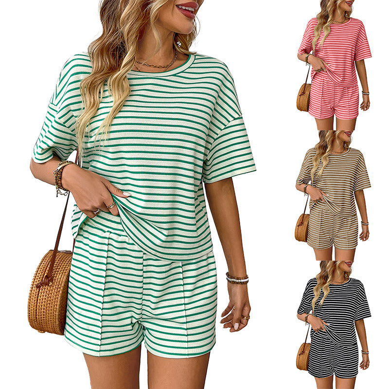 Women's Summer Knit Striped Mode Casual Shorts Ensemble sportif