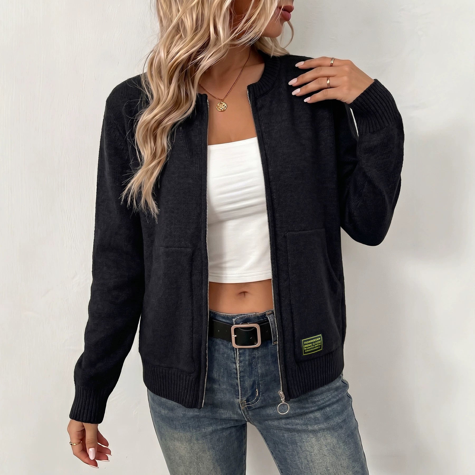 Cardigan tricoté couleur solide pour femmes avec fermeture éclair