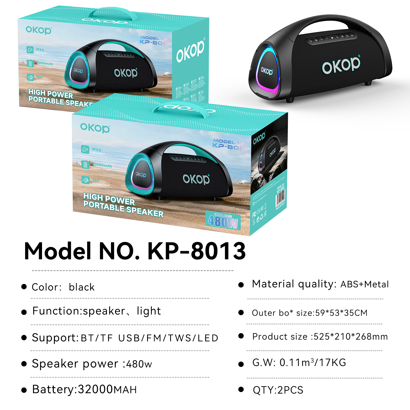 KP-8013 Haut-parleur Bluetooth portable le mieux vendu avec poignée basse lourde subwoofer RGB Ambie