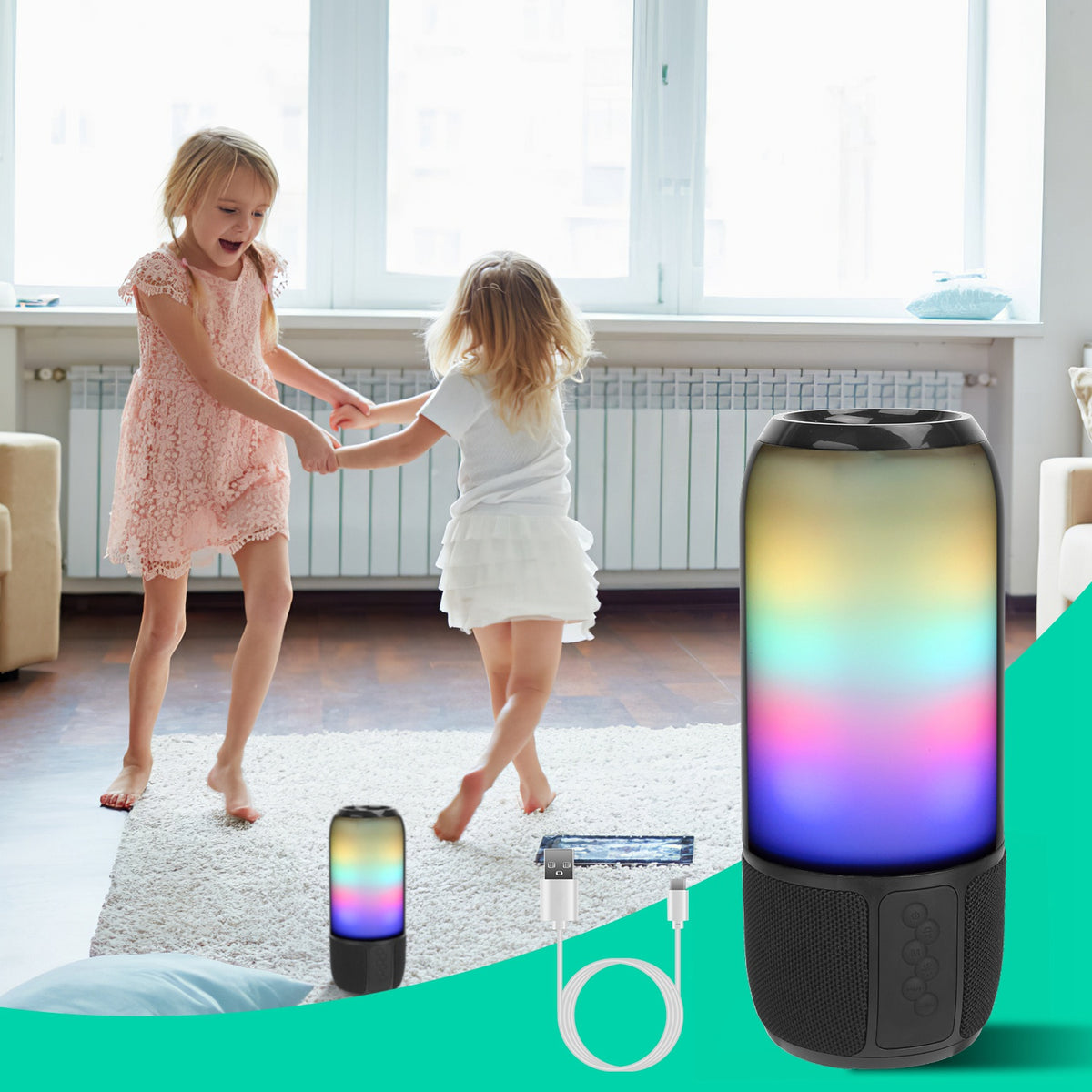 1Pc Haut-parleur portable sans fil Haut-parleur stéréo avec 6 lumières changeantes de couleur