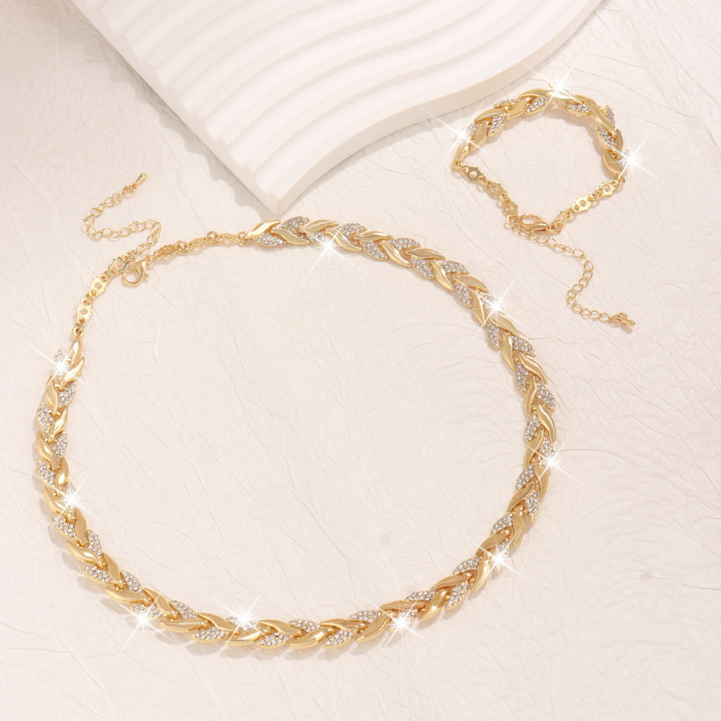 2PCS Collier de collier de feuille de verre Set Élégant collier chaîne en Strass Bracelet pour femme Mode