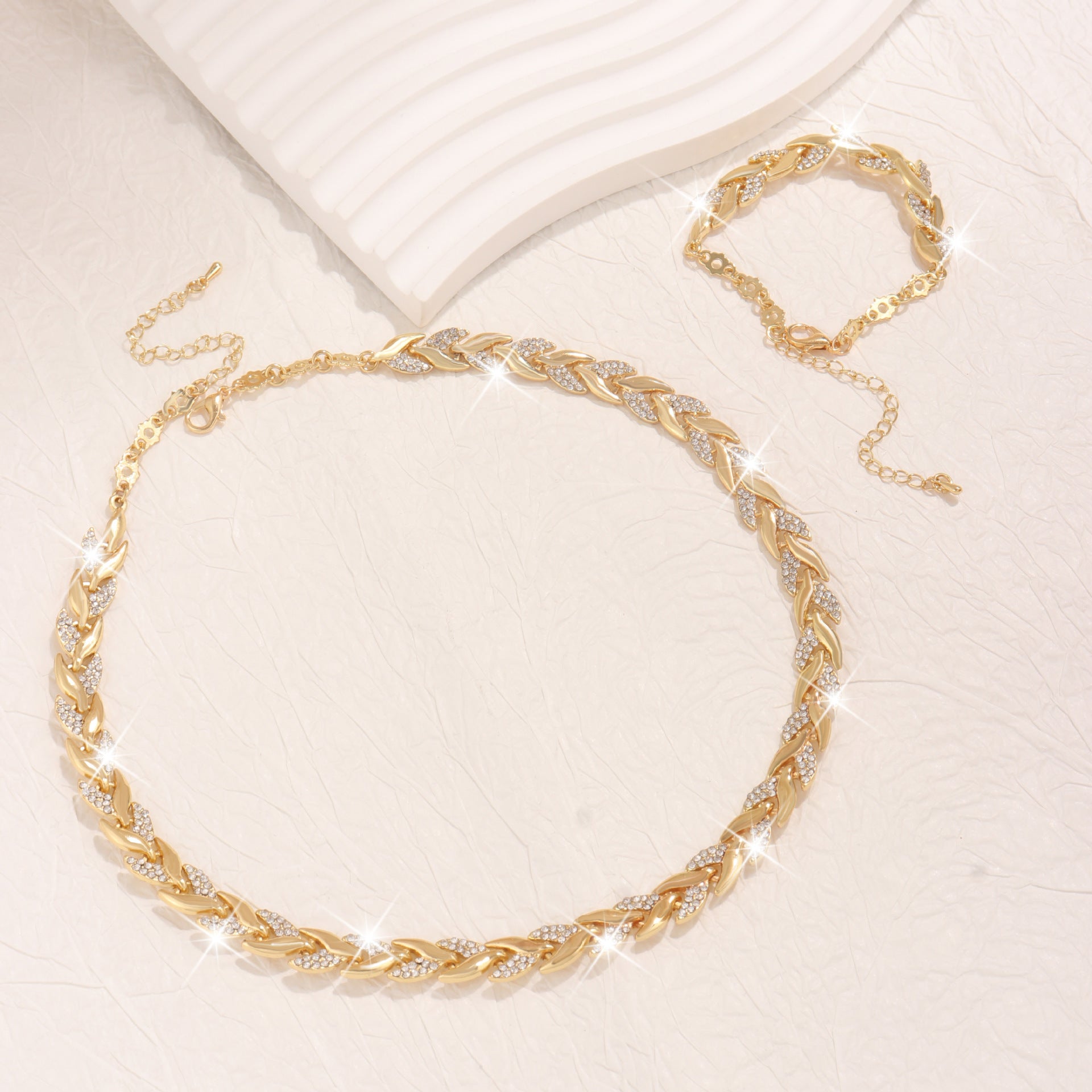 2PCS Collier de collier de feuille de verre Set Élégant collier chaîne en Strass Bracelet pour femme Mode