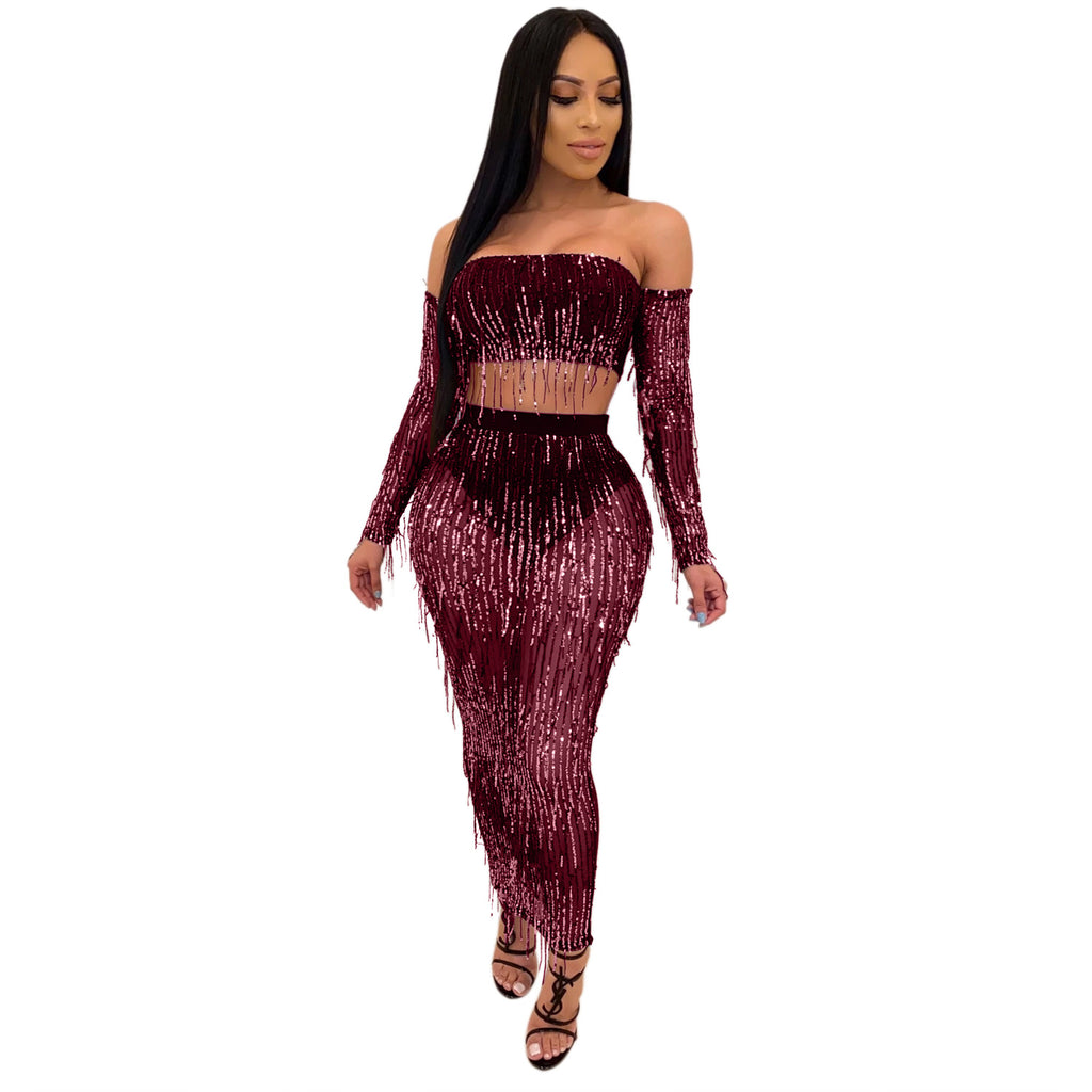Mode Sexy See-through Mesh Sequins Tassel Ensemble deux pièces