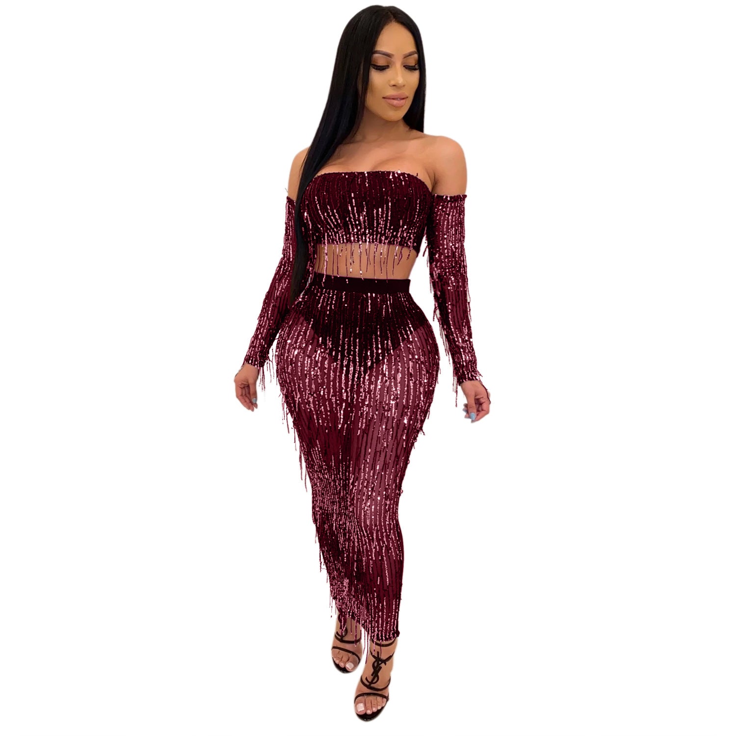 Mode Sexy See-through Mesh Sequins Tassel Ensemble deux pièces