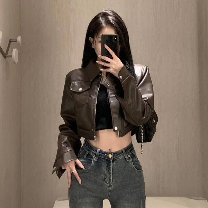 American Retro Sweet Cool Girl Style Coffee Color En Cuir Veste de Moto Top