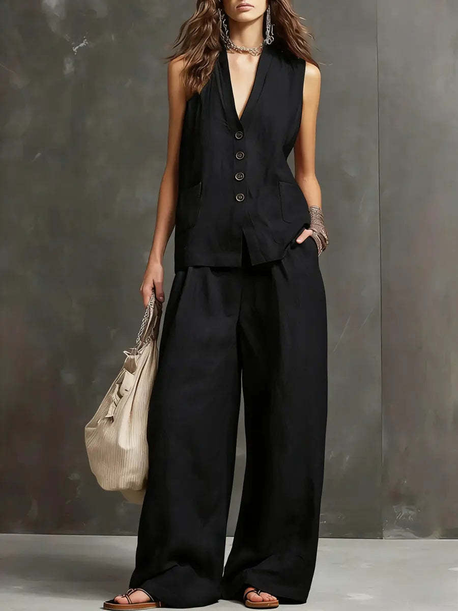 Arrivée Women S Set Veste sans manches et pantalons à jambes larges Ensemble de deux pièces en coton
