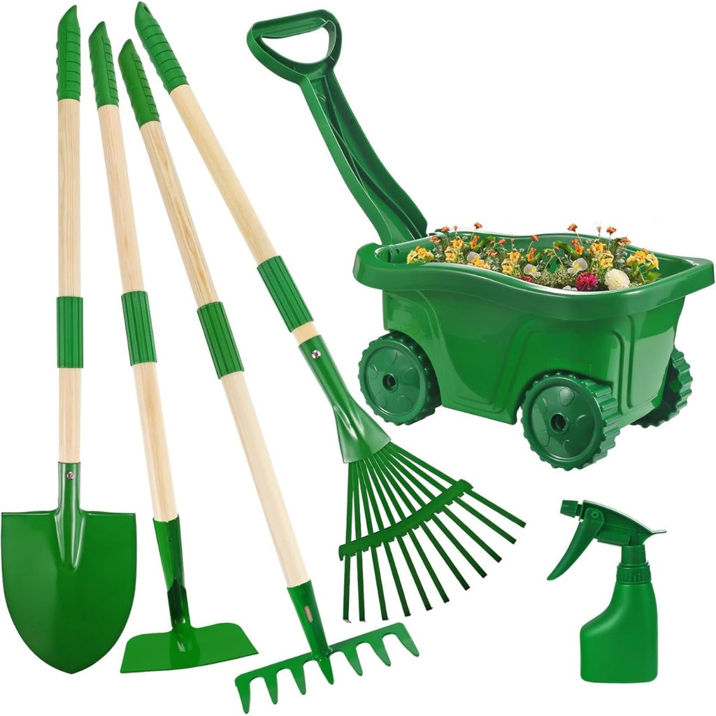 Ensemble d'outils de jardin vert à 7 pièces avec brouette pour jardinage et fournitures de fête