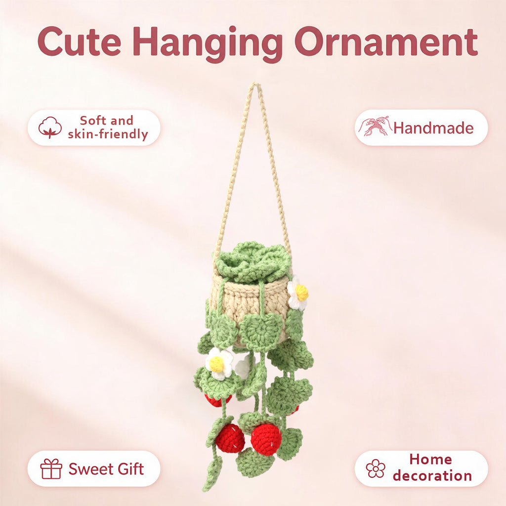 Crochet à la main suspendu pot d'ornement avec trailing de fraises décorations et blanc Bl