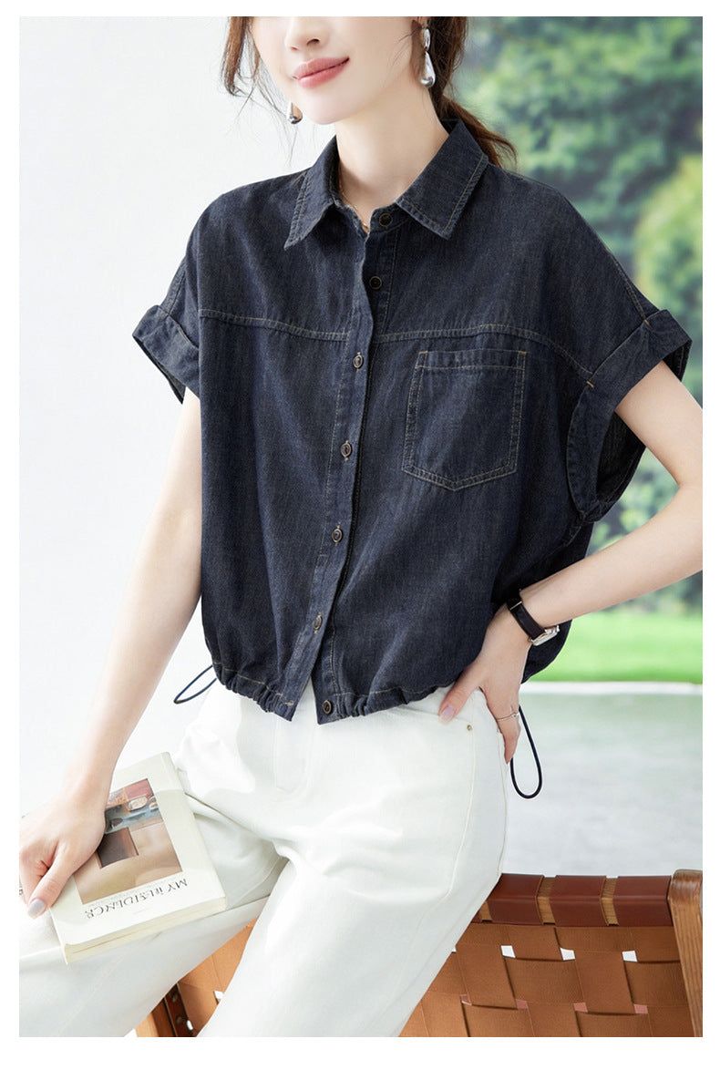 Drawstring Shirt Women's Relaxed-fit Versatile Crop Top Jacket
