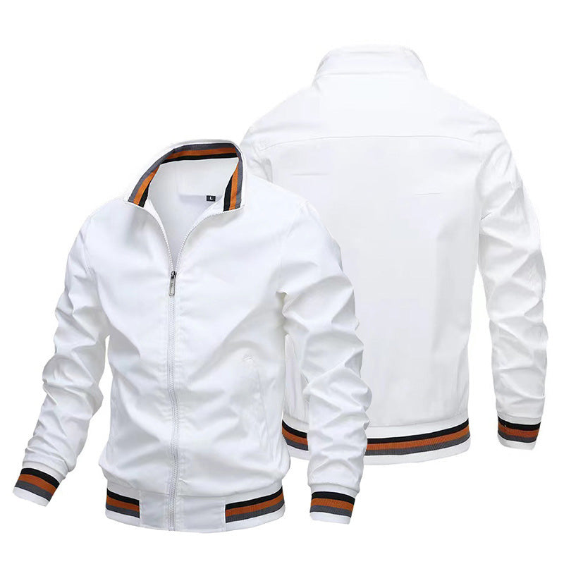 Hommes Striped Rib Stand Collar Bomber Jacket Solid Black Zip Up Lightweight Windbreaker Stri