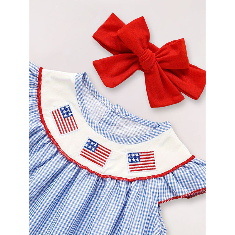 Bébé Filles 4ème De Juillet Robe Gingham American Drapeau Blanc Bleu Couleur Bloc Indépendance Jour
