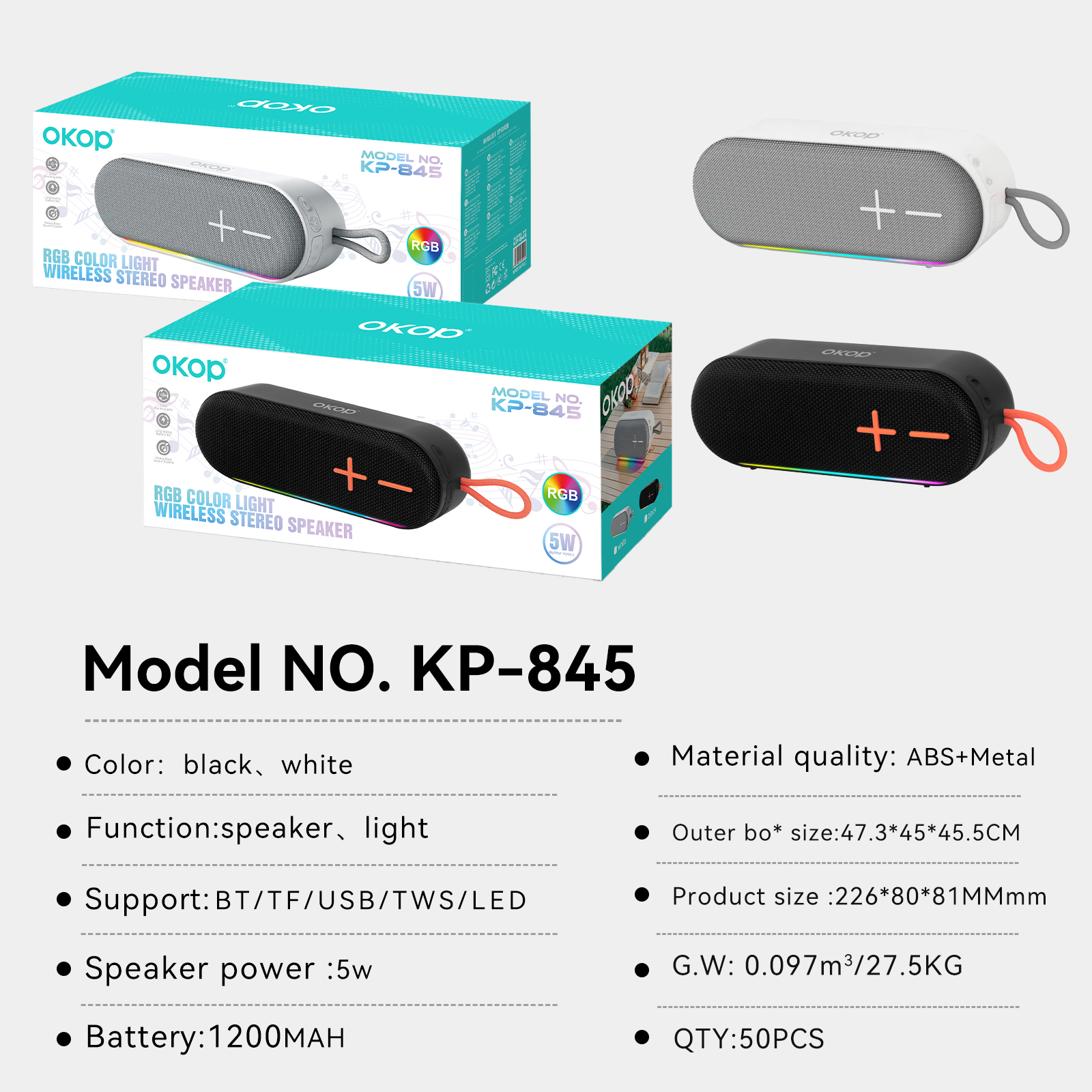 KP-845 Portable Bluetooth Outdoor Haut-parleur sans fil Portable radio FM compatible RGB L
