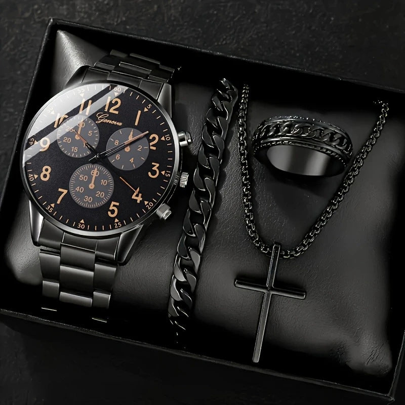 Hommes Quartz bracelet de collier de montre et bague 4 pièces